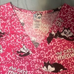 Pink Cat Print V-Neck Scrub Top